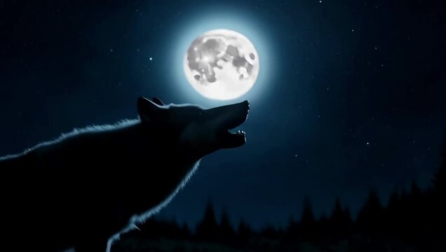 Close-up of a wolf howling at the moon under a starry night sky, cinematic atmosphere with mysterious and wild energy. Created with generated AI.
