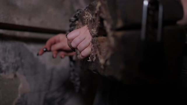 Close-up of a young woman's hands in antique wooden shackles with a chain in a dark room. Quest room with creepy tasks for adults. A room of fear or horror.