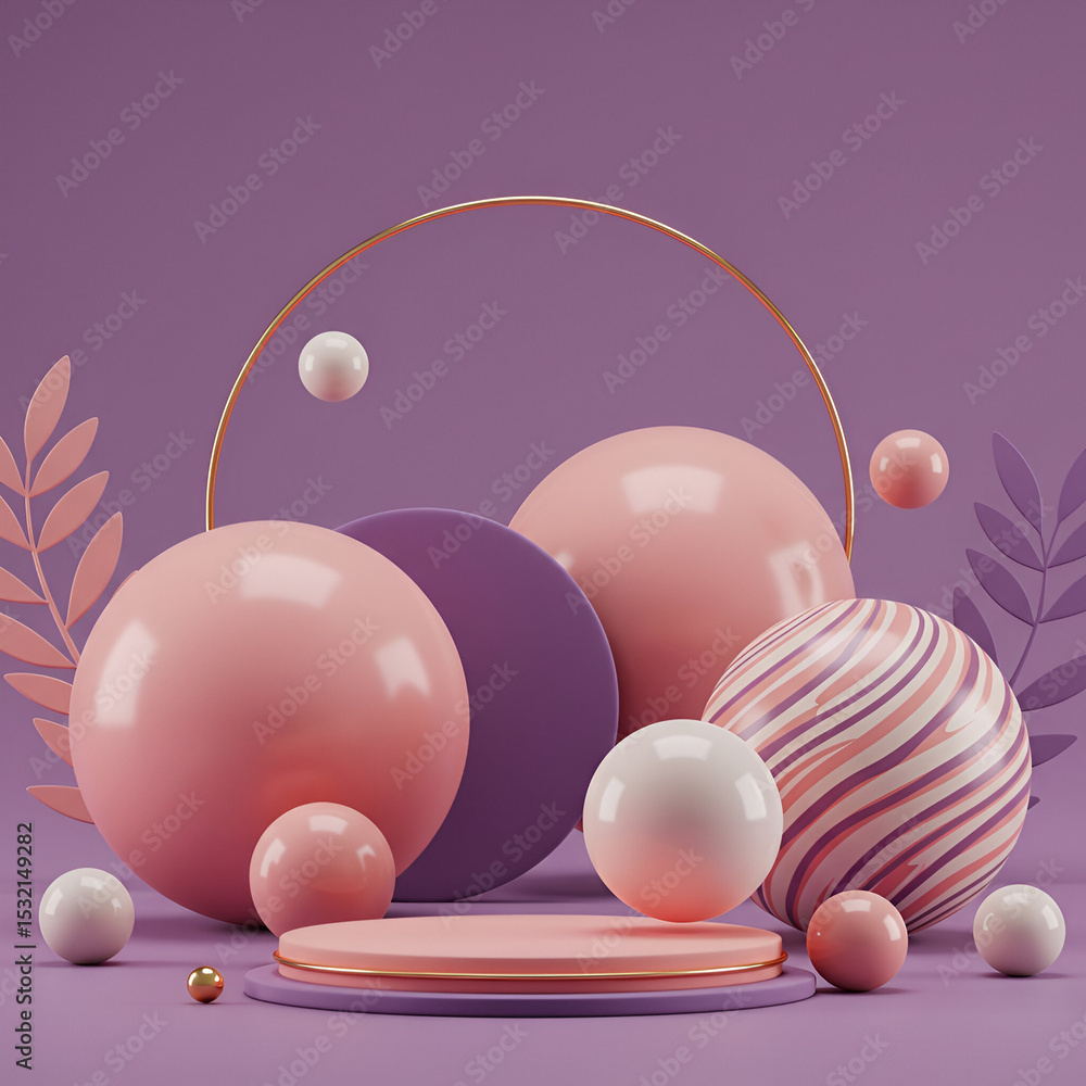 Aufkleber pastel spheres and geometric forms in a soft purple background. floating orbs and decorative element