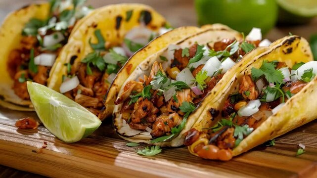 A mouthwatering selection of colorful Mexican tacos with fresh cilantro, onions, and lime wedges. Perfect for Cinco de Mayo or any festive occasion