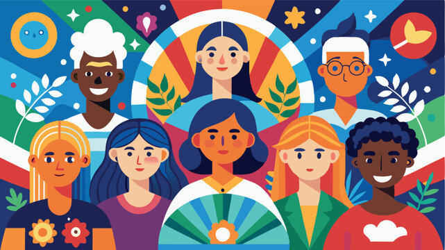 The composition conveys a sense of unity, mutual respect and acceptance of people's differences. The image symbolizes diversity and inclusiveness through contrasting colors and bold shapes.