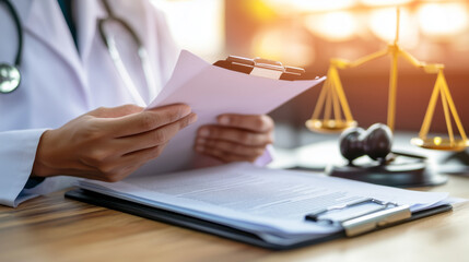 Distressed doctor holding legal documents with worried expression, symbolizing medical lawsuit stress and legal challenges in healthcare profession.