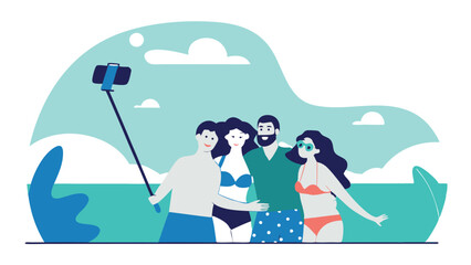 Obraz premium A group of friends taking a cheerful selfie on the beach during their summer vacation. In the background there is a sandy shore, blue sky and sea waves