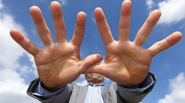 Man in suit holding hands up with palms facing forward against a blue sky background