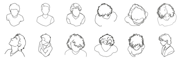 Fototapeta premium Line Art People Silhouette Icon Set. Diverse Head And Shoulders Outlines In Various Angles. Design And Illustration Collection. Isolated Vector Illustration