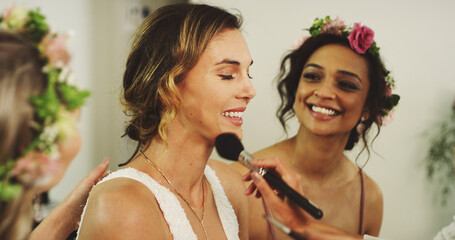Bride, bridesmaids and women with makeup on wedding day with brush, laugh and support. Bridal party, cosmetics and friends together for celebration, getting ready and conversation in dressing room