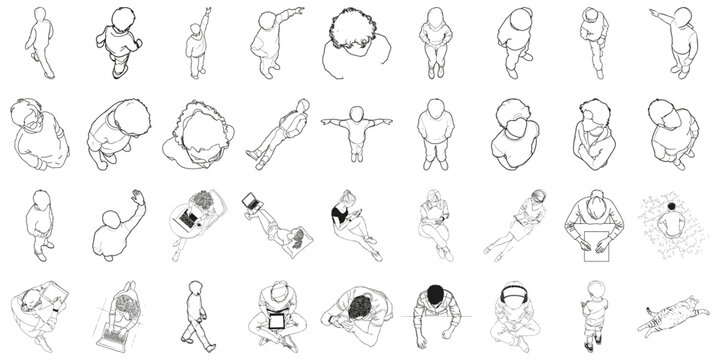 People Outlines In Various Positions From Black Lines Isolated. Men, Women, And Children Walking, Sitting, Using Devices. Isometric View. Isolated Vector Illustration
