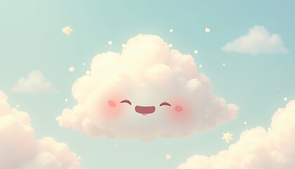 Obraz premium Illustration of fluffy cloud with a smiling face in cartoon style.
