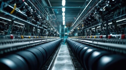 A view down an aisle of a textile mill with a shallow depth of field.