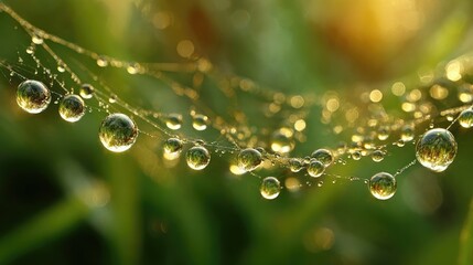 Dewdrops hang like a necklace of tiny jewels on a delicate spiderweb.