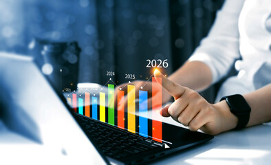 Business person draws increase arrow graph corporate future growth year 2021 to 2026. Planning,opportunity, challenge and business strategy. New Goals, Plans and Visions for Next Year 2026.