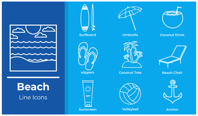 A set of beach icons in line art style. Includes elements such as surfboard, 
beach umbrella, slippers, sunscreen, coconut, volleyball, and other summer items. 
Minimalist vector design, perfect for v