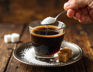 black coffee in a glass, hand adding sugar with a spoon, on a dark wooden background