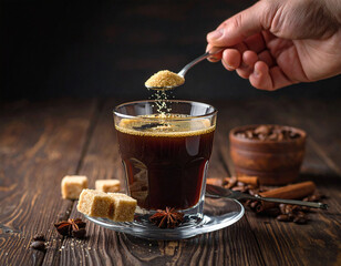 black coffee in a glass, hand adding sugar with a spoon, on a dark wooden background