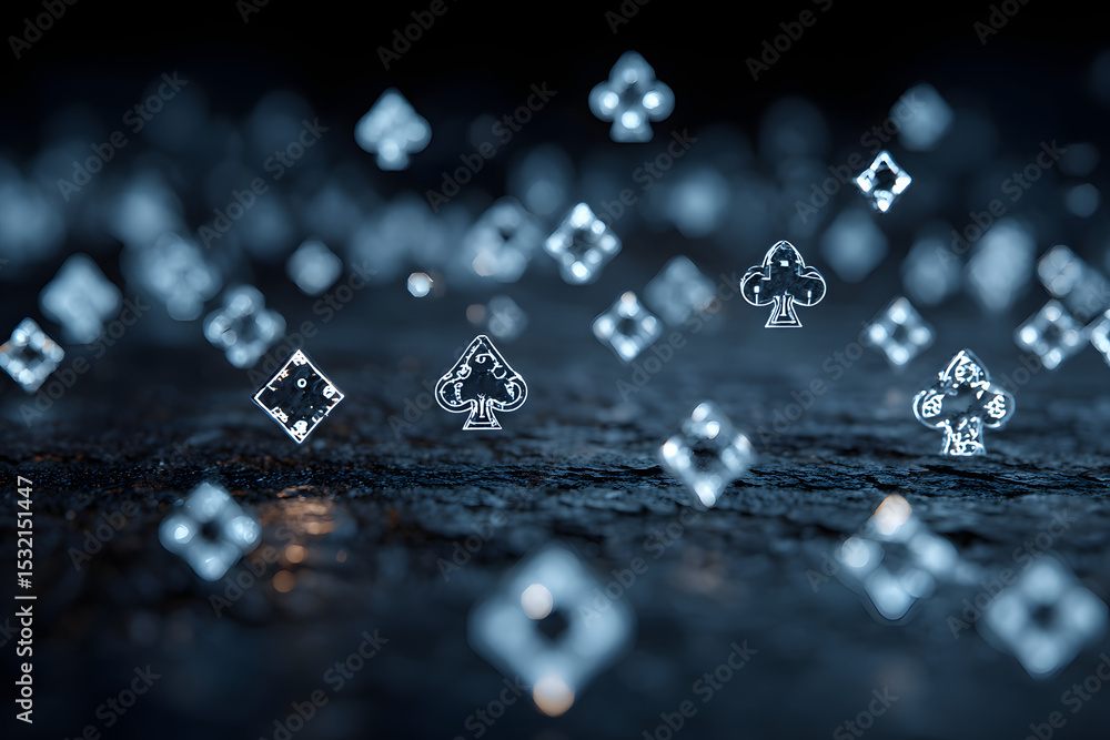 Poster abstract dark blue background with glowing poker card suit symbols in geometric pattern on modern em