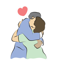 Man hugs his girlfriend illustration vector hand drawn with black lines isolated on white background.