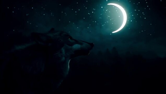 Close-up of a wolf howling at the moon under a starry night sky, cinematic atmosphere with mysterious and wild energy. Created with generated AI.