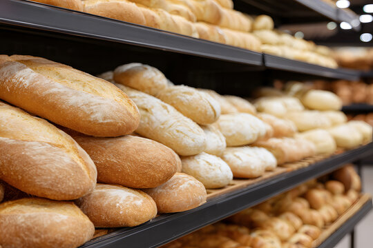 Assortment of Bread Loaves on Bakery Shelves