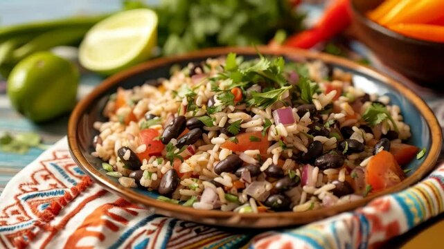 A vibrant plate of Costa Rican gallo pinto, a classic dish of rice and beans seasoned with fresh cilantro and onions