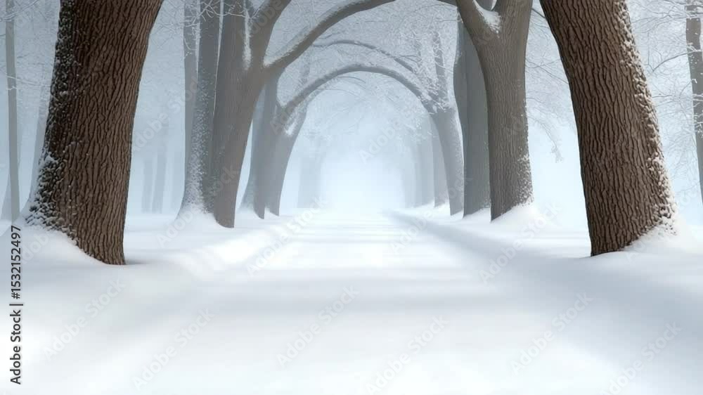 Poster snowy path through winter trees: a tranquil winter scene features a snow-covered path winding throug