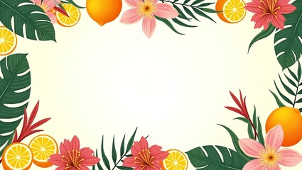 Bright summer-themed vector frame with tropical fruit, flowers, and leaves on clean white background