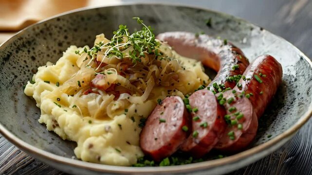 A hearty Dutch stamppot, creamy mashed potatoes mixed with tangy sauerkraut and served with a juicy smoked sausage