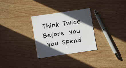 Think Twice Before You Spend Message on Paper Card with Pen Lying on Wooden Table Top
