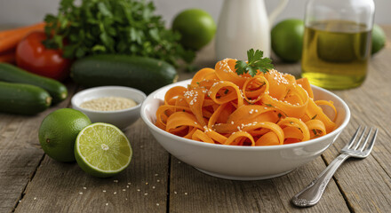 Colorful Carrot Salad with Limes and Zucchini on Rustic Wood Table