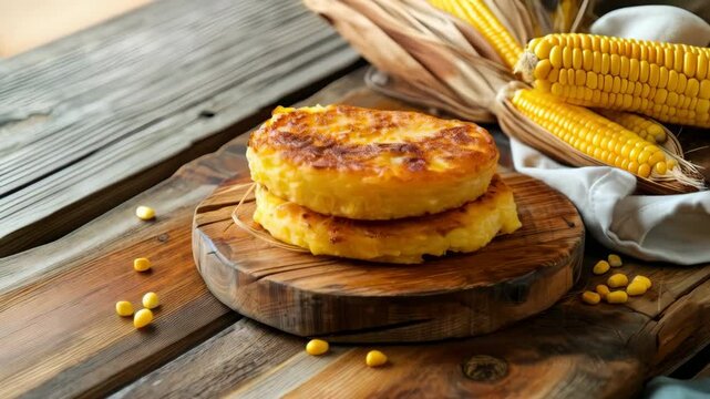 A warm Paraguayan chipa guasu, a savory cornbread-like cake with cheese, served on a rustic wooden board