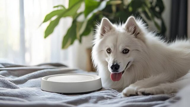 A fluffy white dog sitting on a bed beside an empty food bowl, with sunlight streaming through a window