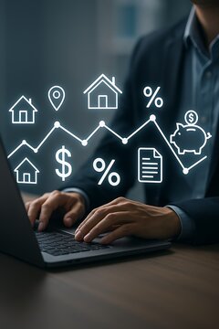 Businessman Analyzing Real Estate Market with Digital Financial Interface on Laptop