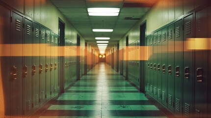 Fototapeta premium Long empty school hallway with lockers illuminated by warm sunlight late in the afternoon