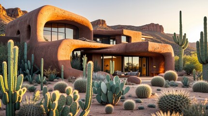 Modern desert house blends with natural landscape in Arizona during golden hour showcasing unique architecture