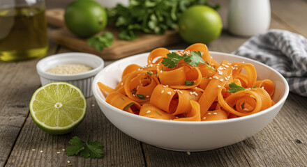 Homemade Carrot Ribbon Salad with Sesame Seeds and Lime on Wooden Table