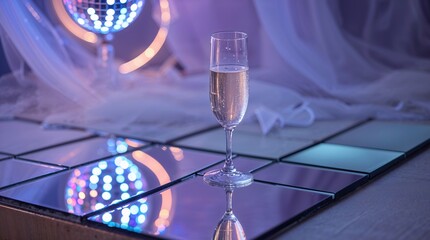 Champagne glass reflects colorful lights on a mirrored dance floor at a nightlife venue during an evening celebration