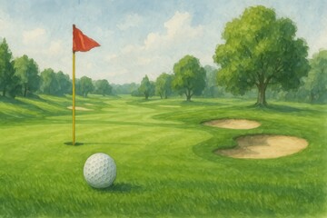 Obraz premium Watercolor Golf Ball and Flag on Lush Course Hand-Drawn Illustration of Green Landscape