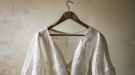 Elegant white blouse with delicate embroidery displayed on a wooden hanger against a textured wall