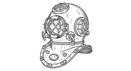 Classic Diving Helmet Illustration: A meticulously rendered vintage diving helmet illustration, showcasing its intricate design and timeless appeal.