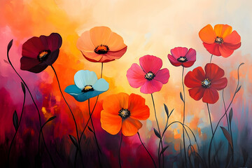 Vibrant poppy flowers in a colorful field.