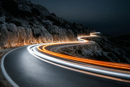 Long exposure of vehicle lights tracing a winding mountain road at night, with red and white light trails creating dynamic curves against rugged rocky terrain