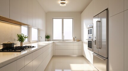 Fototapeta premium Modern kitchen interior with bright natural light and sleek white cabinetry in a stylish urban apartment