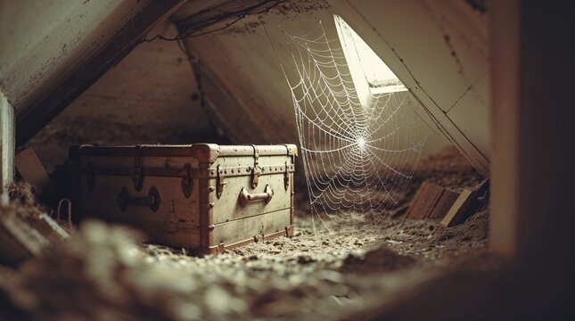 Dusty attic with an old wooden chest and a spider web illuminated by sunlight