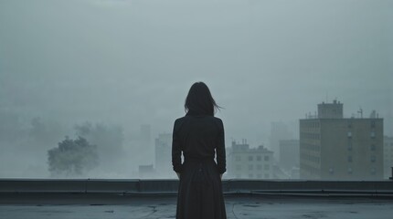 Woman gazes at fog-covered city skyline from rooftop during a misty morning