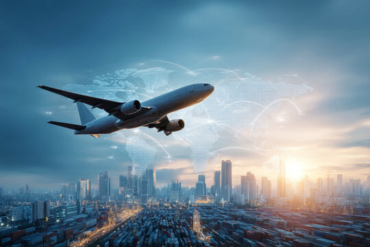 Fototapeta Exploring global business logistics with air transportation over city skyline and world map