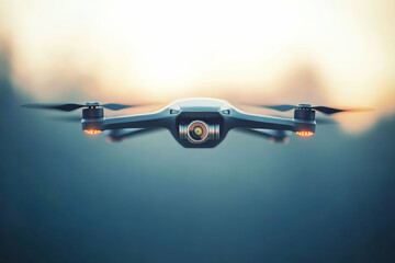 Drone with camera flying above blurred landscape with ample space for text