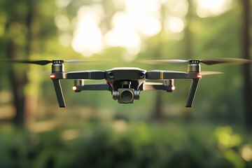 Drone with camera soaring through the air in a lush green environment, showcasing sleek design and advanced technology