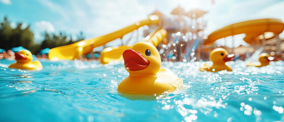 Rubber ducks float playfully in vibrant water park resort on a sunny summer day