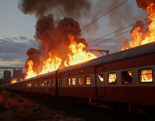 A dramatic scene unfolds as a passenger train burns fiercely on the tracks, engulfed in flames and billowing thick black smoke that rises into the sky above a cityscape 