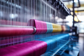 Colorful threads stretch across the loom in a textile factory with soft lighting and hyperrealistic details
