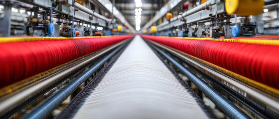Vibrant threads woven on a loom in a textile factory showcasing colorful industrial craftsmanship